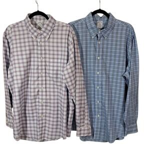 Brooks Brothers Lot 2 Mens XL Regent Plaid Blue Check Long Sleeve Shirts Classic